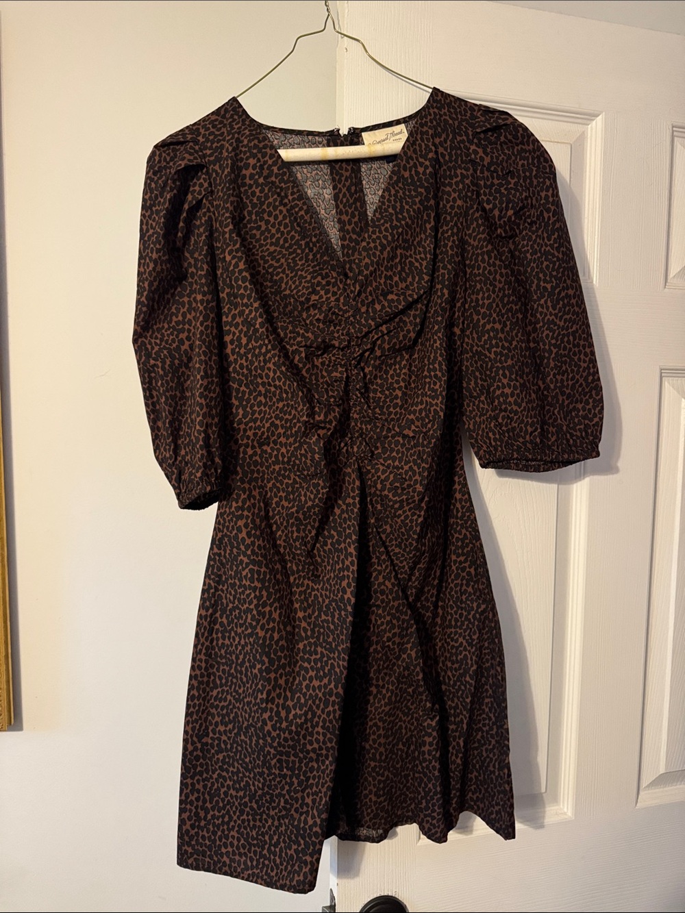 Universal Thread Brown and Black Printed V-Neck Puff Sleeve Mini Dress